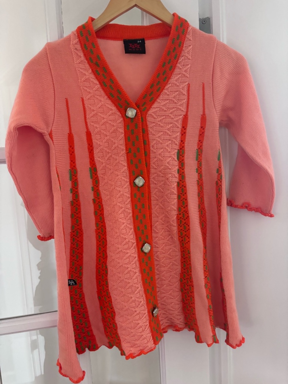 Women's Coral Pink Knit Cardigan with Orange Trim